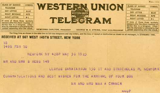 Birth Telegram for Sandy Oscar Hess